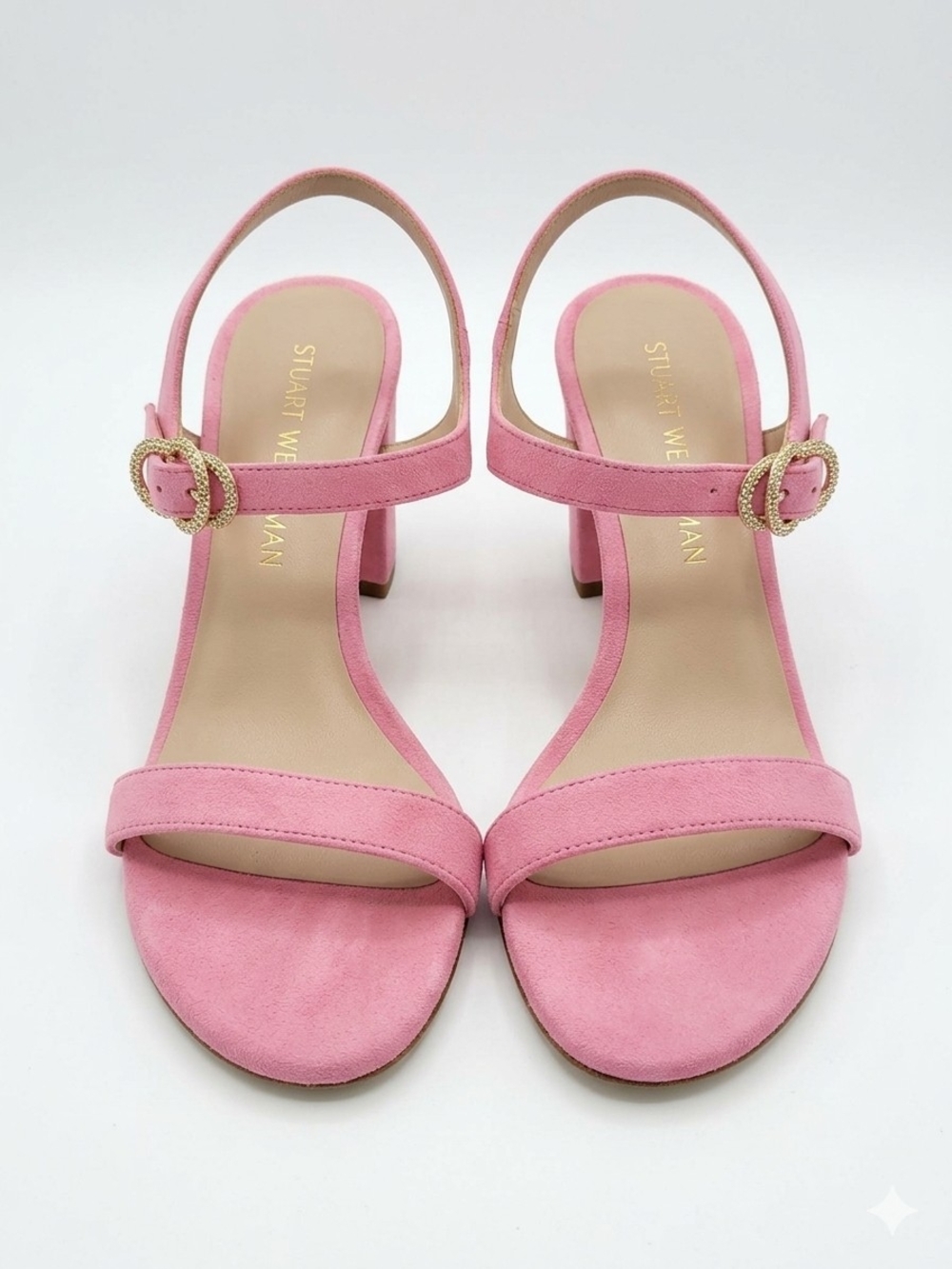 Stuart Weitzman Pink Suede Open-Toe Block Heel Sandals